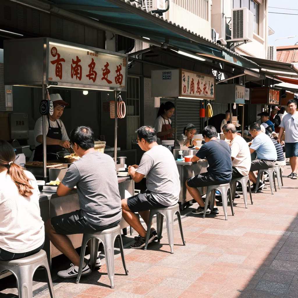 Busy Tainan Street Stall Lunch Under Flat Noon Glare With Metal Stools And Food in in Tainan, Taiwan