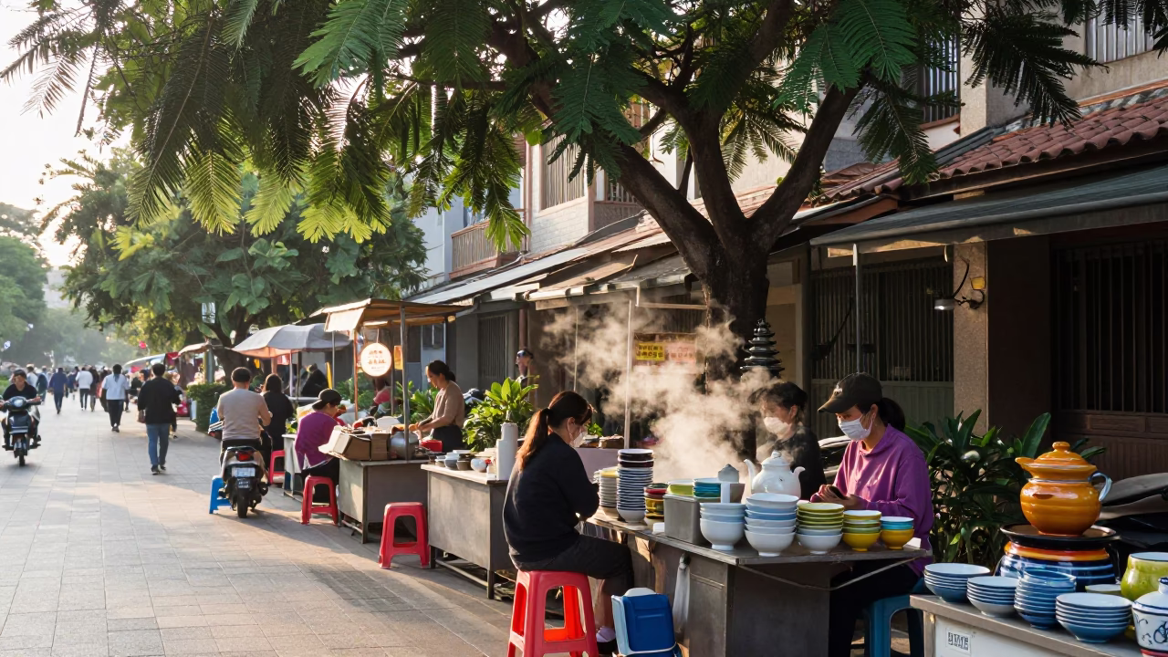 Busy Tainan Street Stall with Tamarind Tree and Ceramic Bowl After Sunrise in in Tainan, Taiwan
