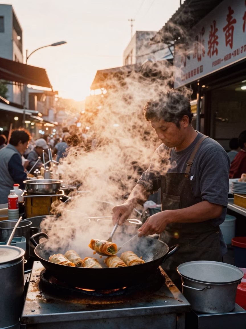 Busy Tainan Street Vendor Golden Hour Steam and Lumpia Spring Rolls in in Tainan, Taiwan