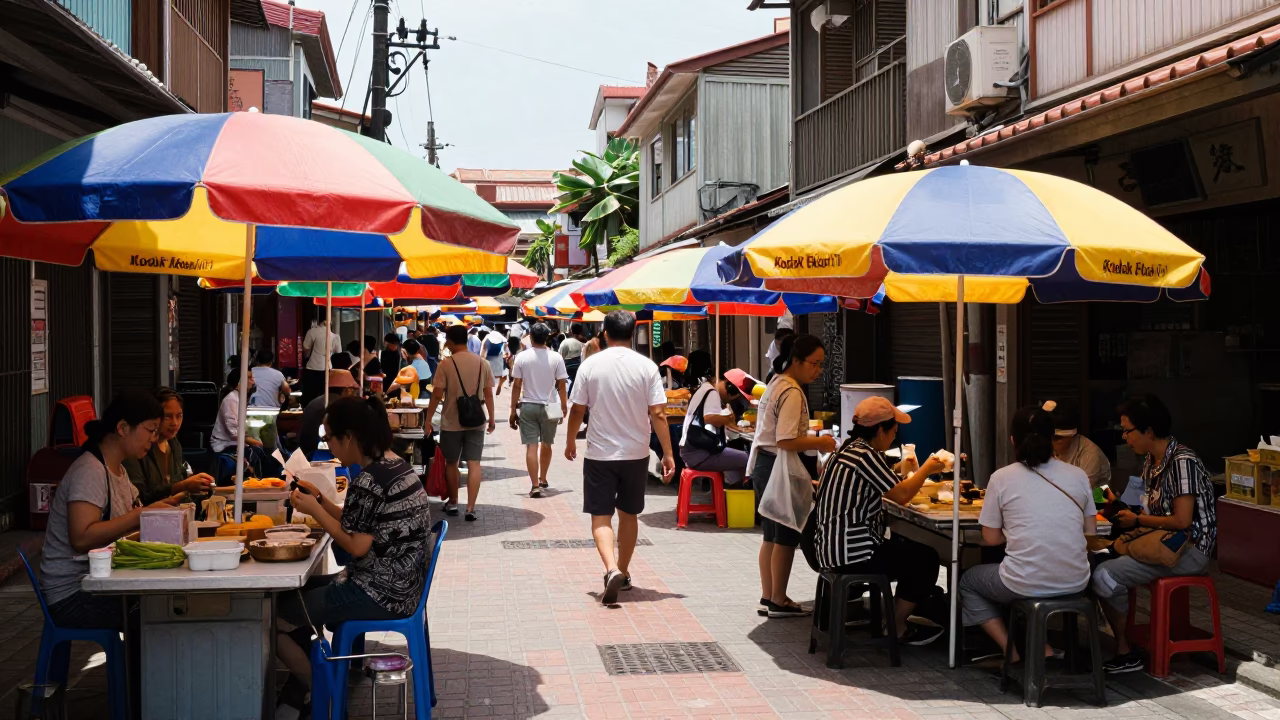 Busy Tainan Taiwan Noon Street Scene with Umbrellas and Local Life in in Tainan, Taiwan