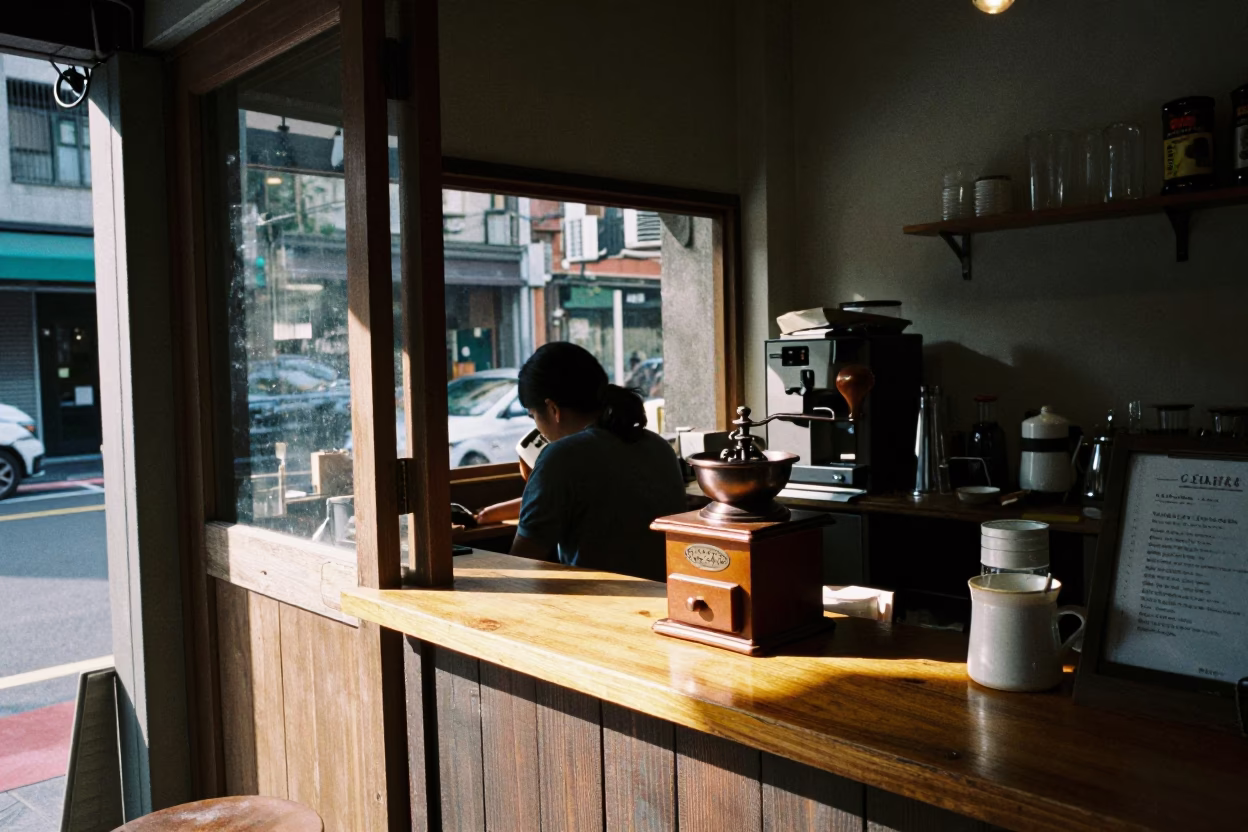 Busy Taipei Cafe Interior Late Morning with Vintage Coffee Grinder and Local Patrons in in Taipei, Taiwan