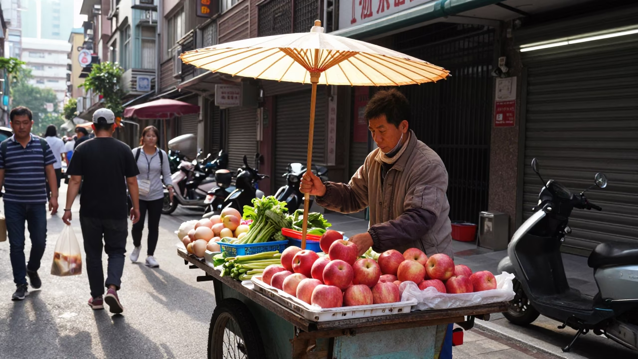 Busy Taipei Morning Street Scene with Vendor and Traditional Umbrella in Early Light in in Taipei, Taiwan