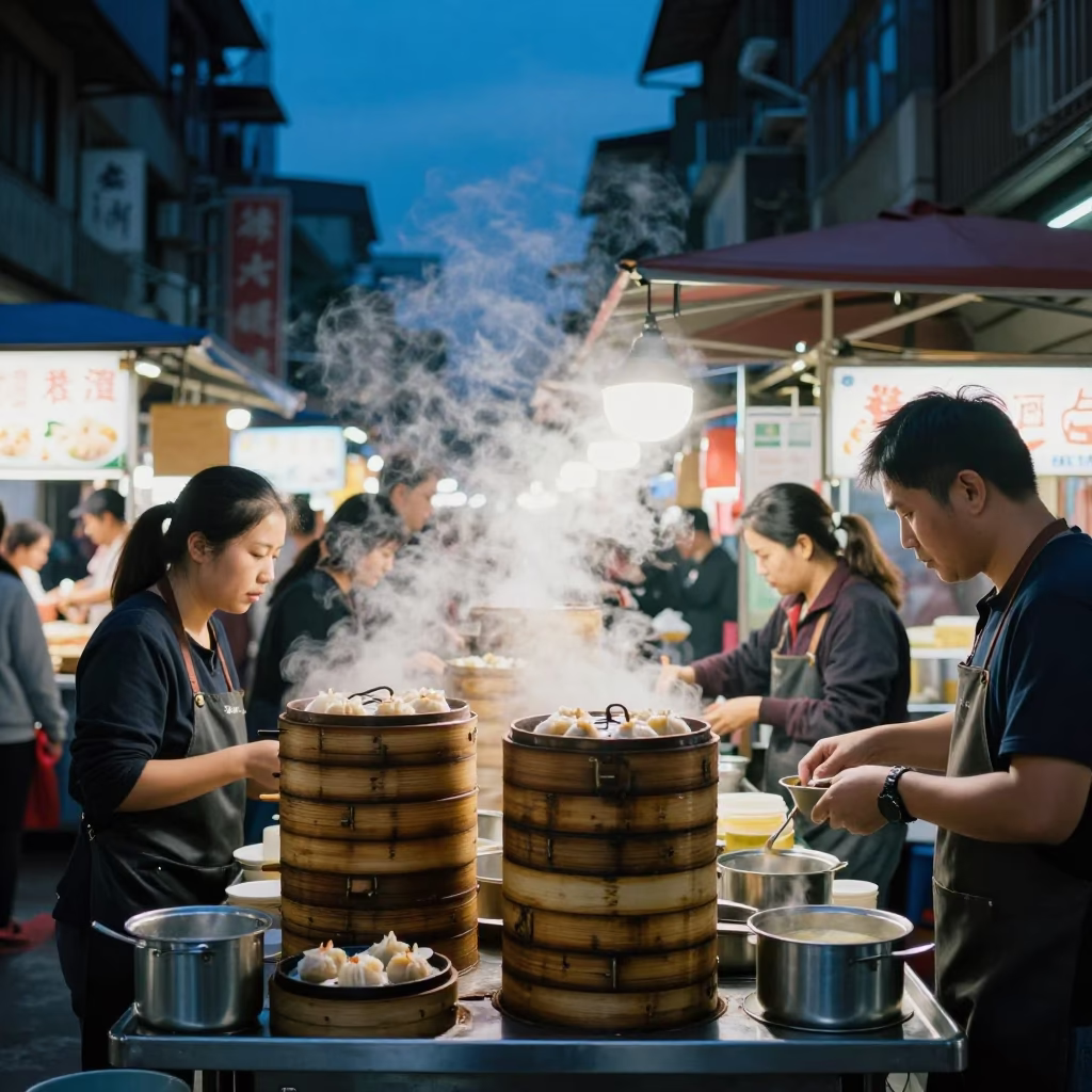 Busy Taipei Night Market Stall with Bamboo Steamers in Evening Blue Light in in Taipei, Taiwan