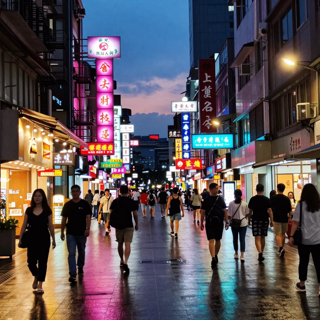 Busy Taipei Night Street Scene with Neon Signs and Folding Chair in in Taipei, Taiwan