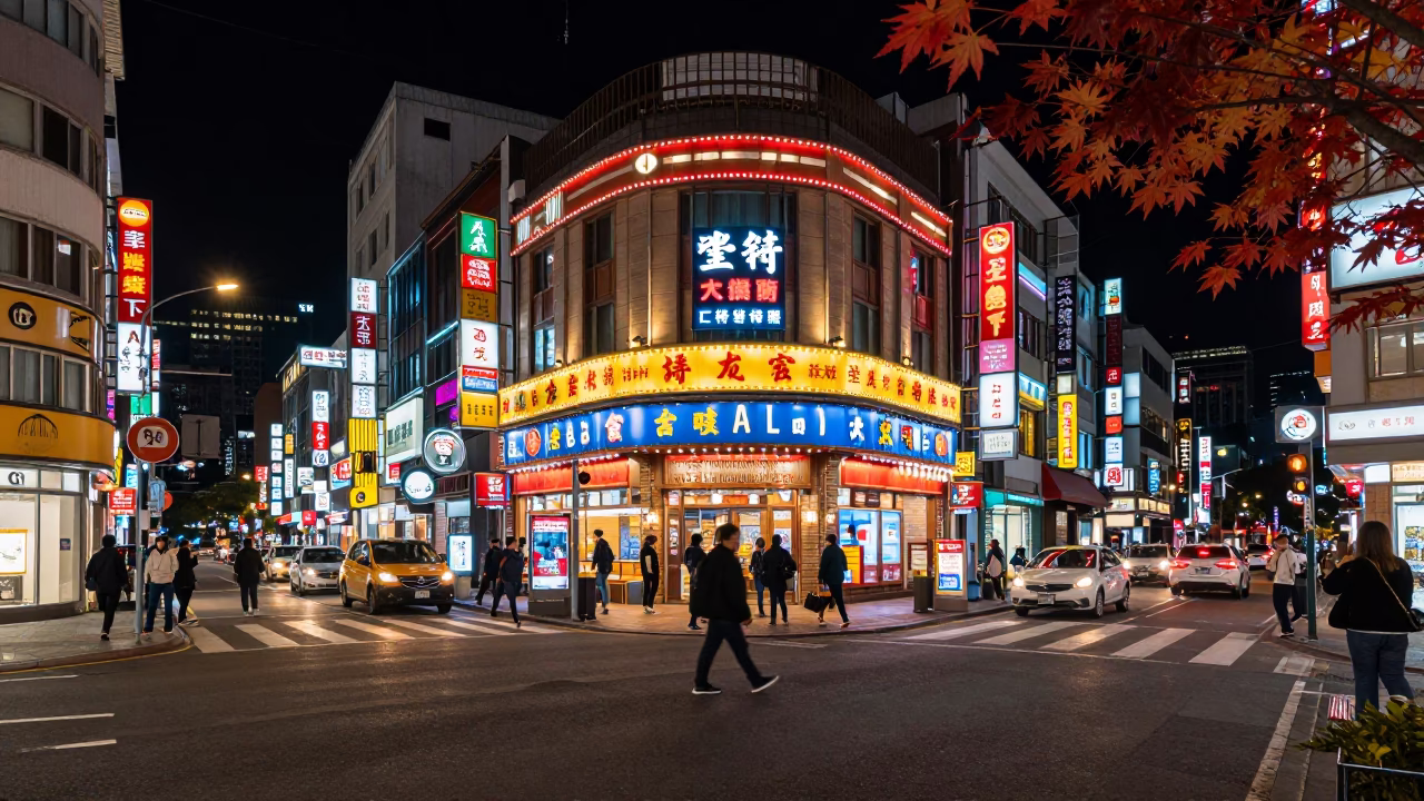 Busy Taipei Night Street Scene with Neon Signs and Japanese Maple Tree in in Taipei, Taiwan
