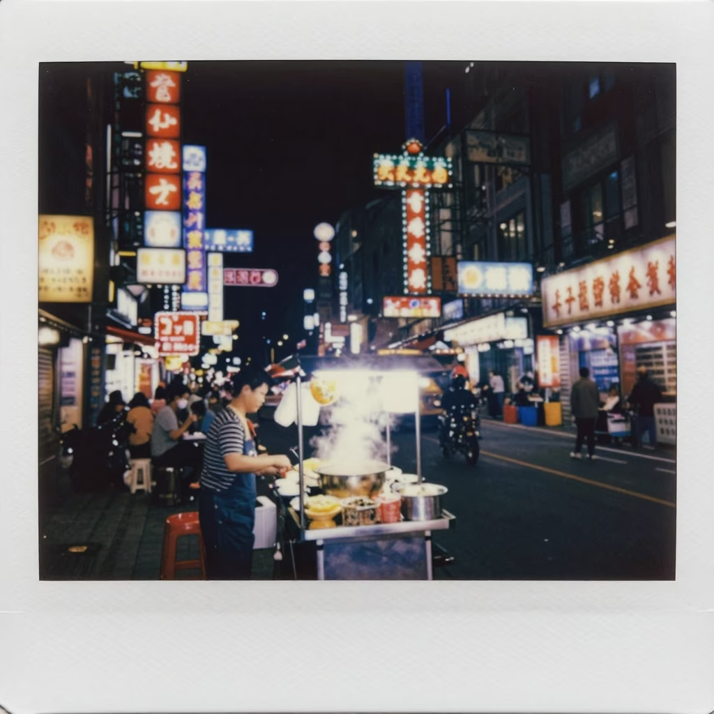 Busy Taipei Night Street Scene with Neon Signs and Steamboat Vendor in in Taipei, Taiwan
