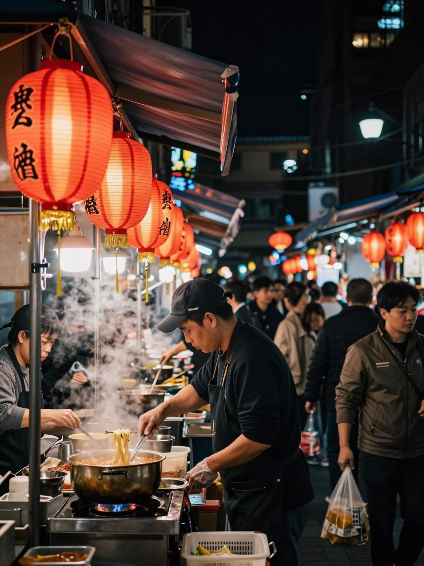 Busy Taipei Night Street Scene with Paper Lanterns and Table Fan in in Taipei, Taiwan