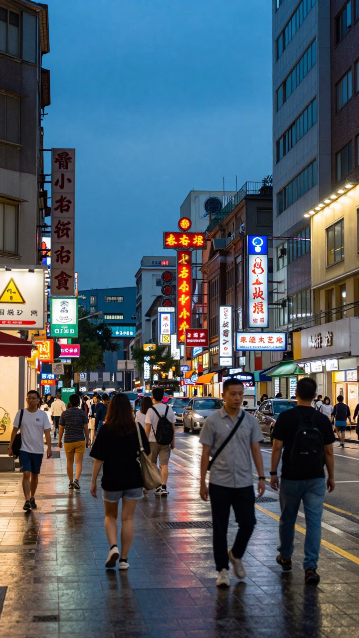 Busy Taipei Street Corner at Blue Hour with Neon Signs and Commuters in in Taipei, Taiwan