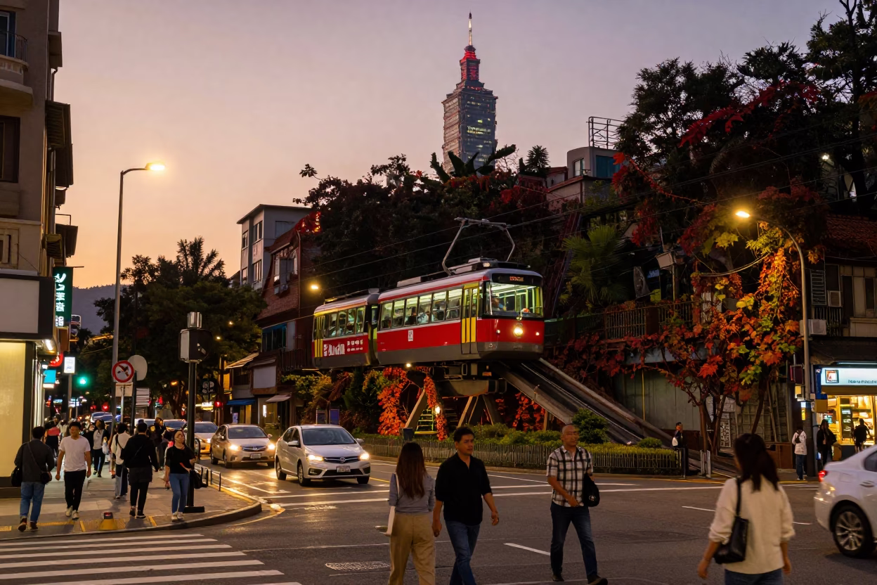 Busy Taipei Street Corner at Dusk with Funicular and Local Life in in Taipei, Taiwan