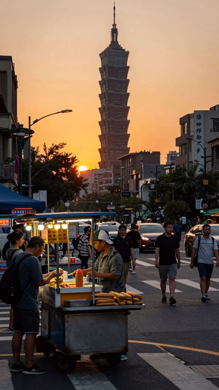 Busy Taipei street corner at sunset with food stalls and pedestrians in in Taipei, Taiwan