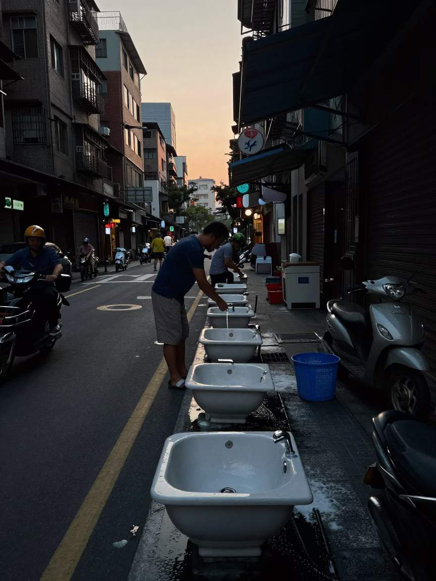 Busy Taipei Street Corner Before Sunrise with Traditional Wash Basin and Morning Commuters in in Taipei, Taiwan