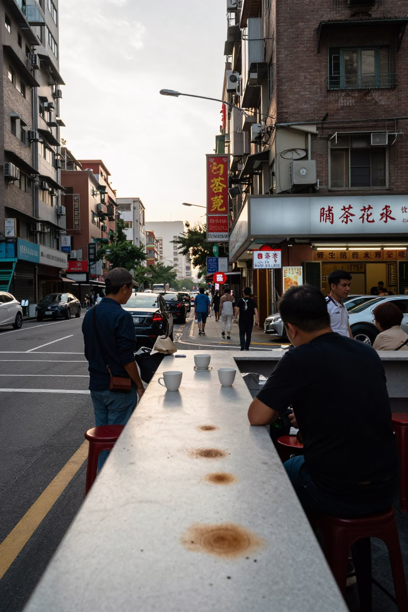 Busy Taipei Street Corner Late Morning with Tea Stains and Urban Life in in Taipei, Taiwan