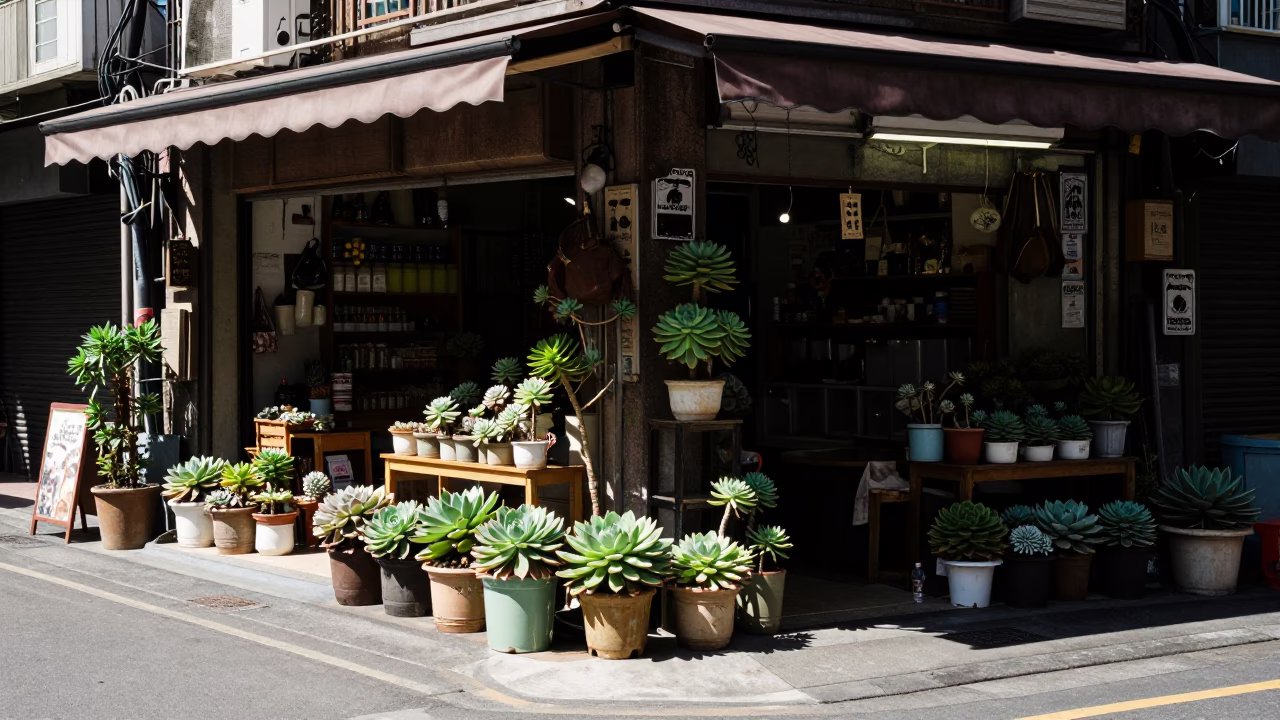 Busy Taipei street corner shop with potted succulents and door mats in in Taipei, Taiwan