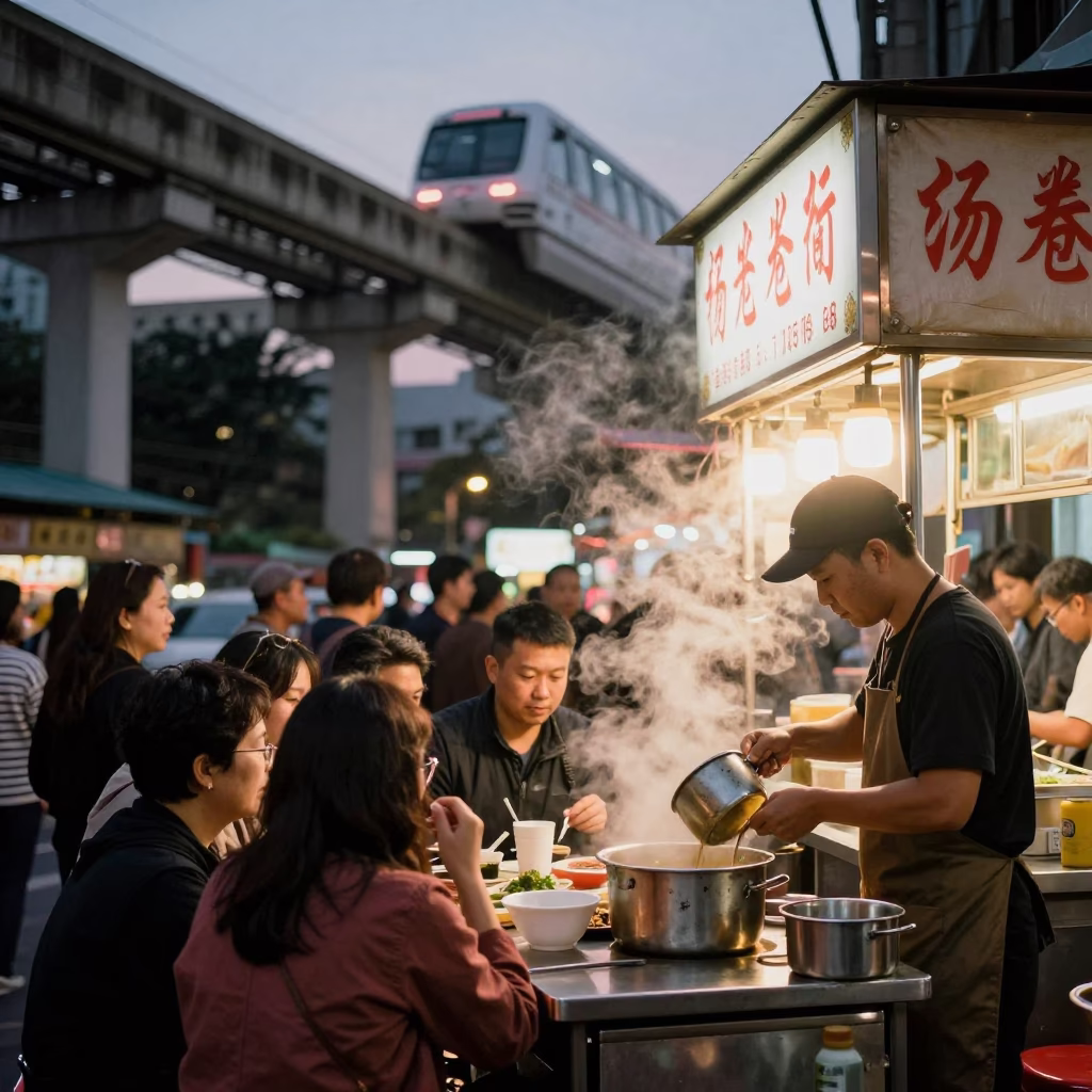 Busy Taipei Street Food Stall at Dusk with Monorail and Enamel Pitcher in in Taipei, Taiwan