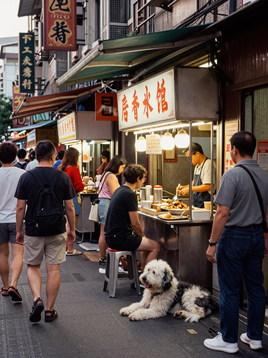 Busy Taipei street food stall late afternoon with katsudon and tea stains in in Taipei, Taiwan