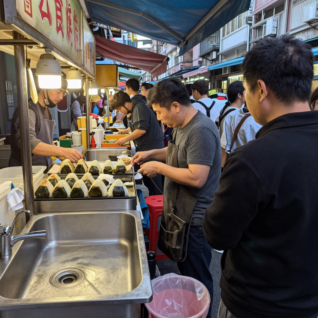 Busy Taipei Street Food Stall Late Morning with Onigiri and Sink in in Taipei, Taiwan