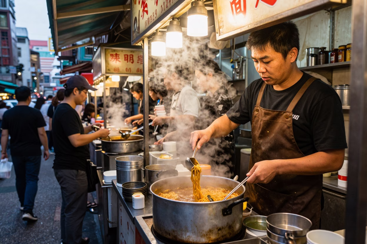 Busy Taipei Street Food Stall with Tantanmen Ramen and Chili Oil at Early Evening in in Taipei, Taiwan