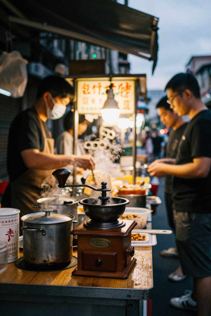 Busy Taipei Street Food Stall with Vintage Coffee Grinder and Jasmine in Early Evening in in Taipei, Taiwan