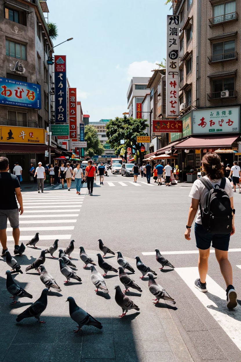 Busy Taipei Street Intersection Midday with Pigeons and Urban Life in in Taipei, Taiwan
