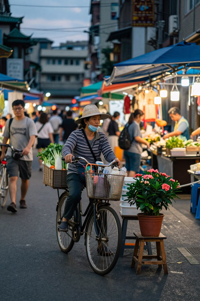 Busy Taipei Street Market Evening with Bicycle Basket and Flowering Plant in in Taipei, Taiwan