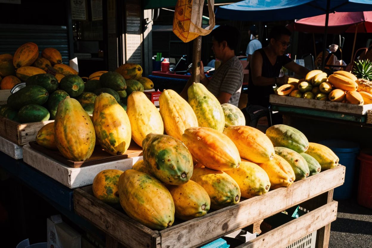 Busy Taipei Street Market Late Afternoon Papayas and Local Commerce in in Taipei, Taiwan