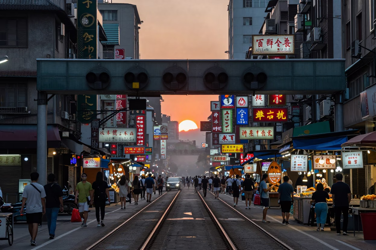 Busy Taipei Street Market Scene at Dusk with Sign Gantry and Food Stall in in Taipei, Taiwan