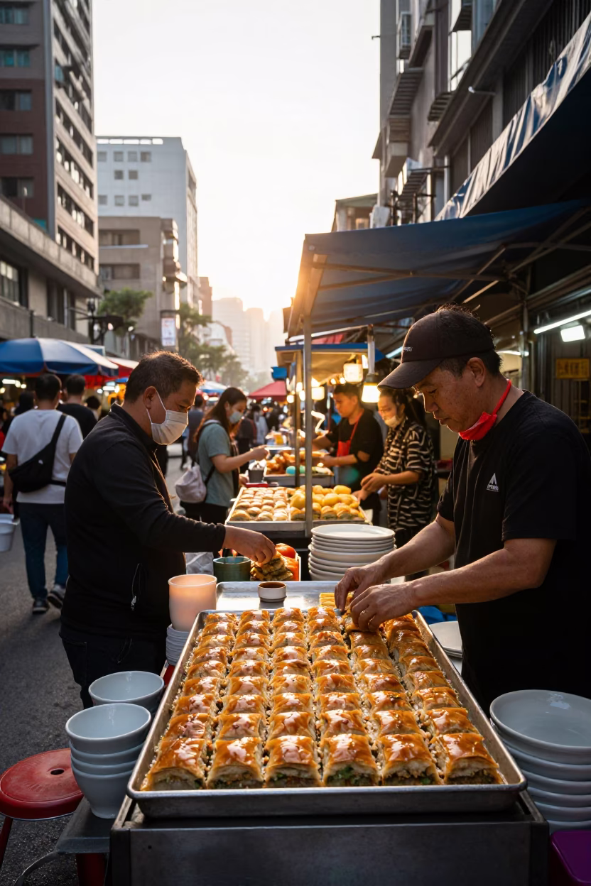 Busy Taipei Street Market Stall After Sunrise with Ceramic Plates and Baklava in in Taipei, Taiwan