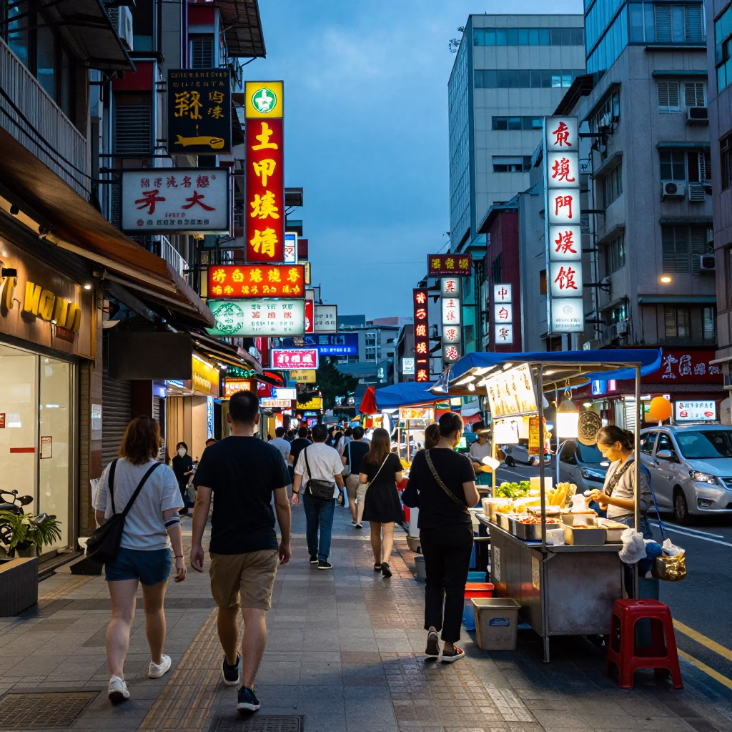 Busy Taipei Street Night Scene with Neon Signs and Street Food Stall in in Taipei, Taiwan