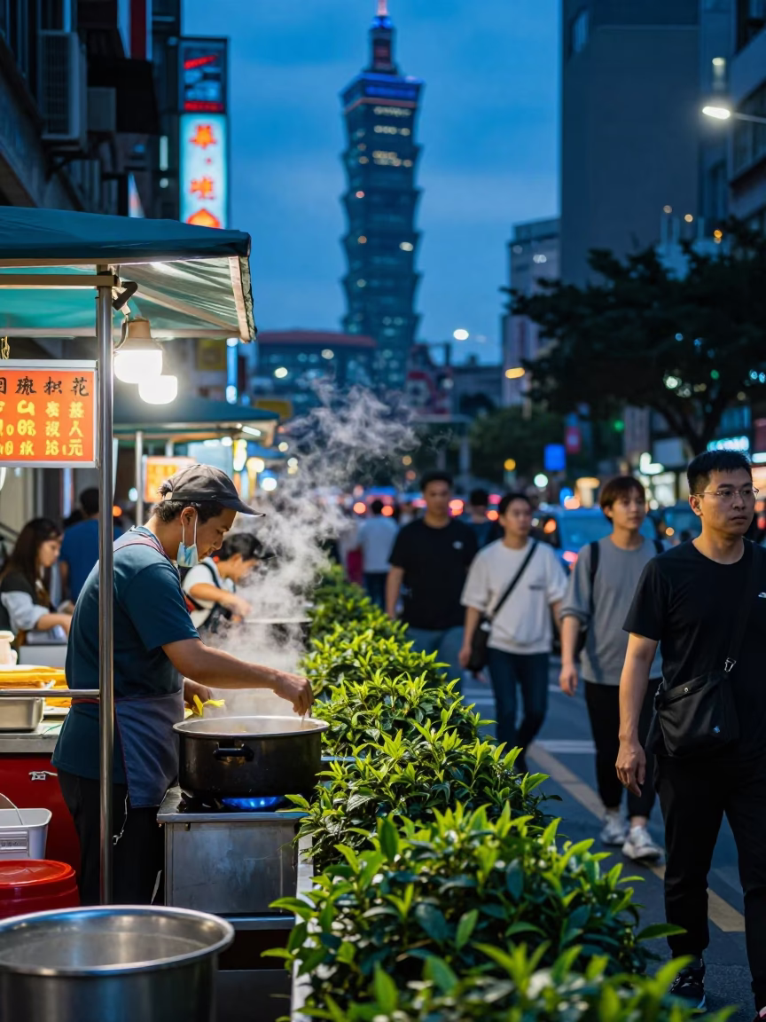 Busy Taipei Street Scene at Blue Hour with Neon Signs and Pedestrians in in Taipei, Taiwan