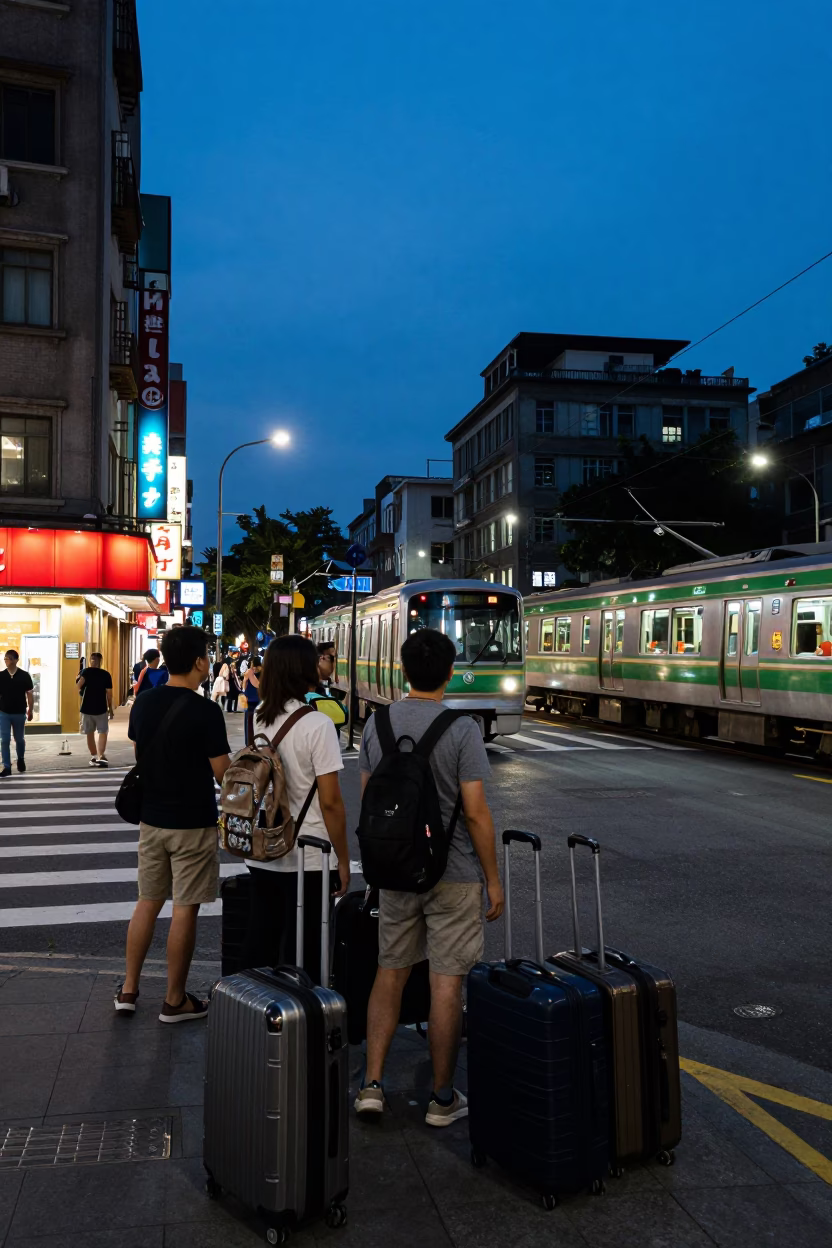 Busy Taipei Street Scene at Blue Hour with Suitcases and Metro Train in in Taipei, Taiwan
