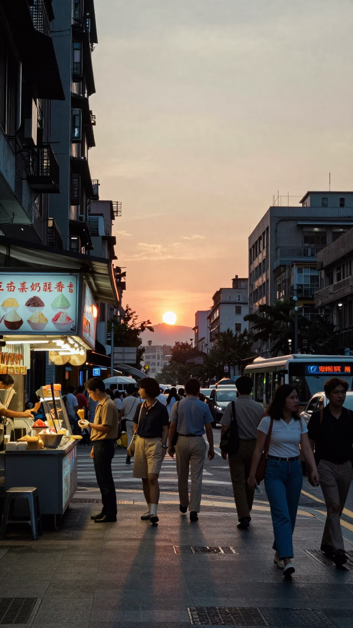 Busy Taipei Street Scene at Dusk with Gelato Display and Urban Life in in Taipei, Taiwan
