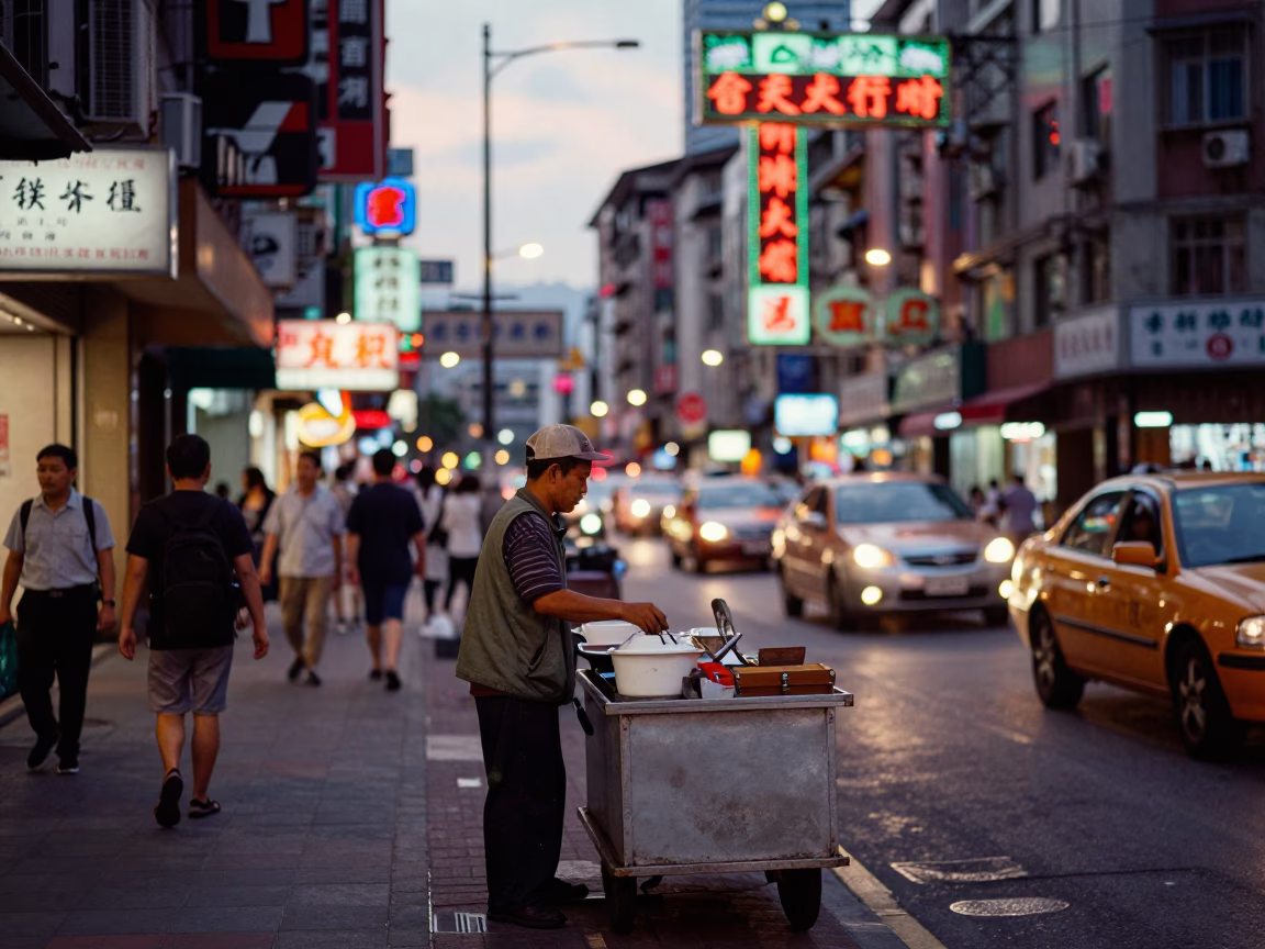 Busy Taipei Street Scene at Dusk with Neon Signs and Street Food Vendor in in Taipei, Taiwan