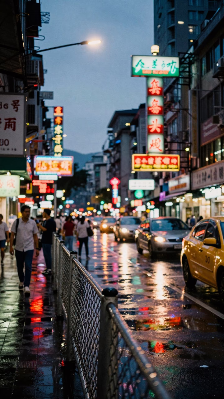 Busy Taipei Street Scene at Dusk with Neon Signs and Substation Fence in in Taipei, Taiwan