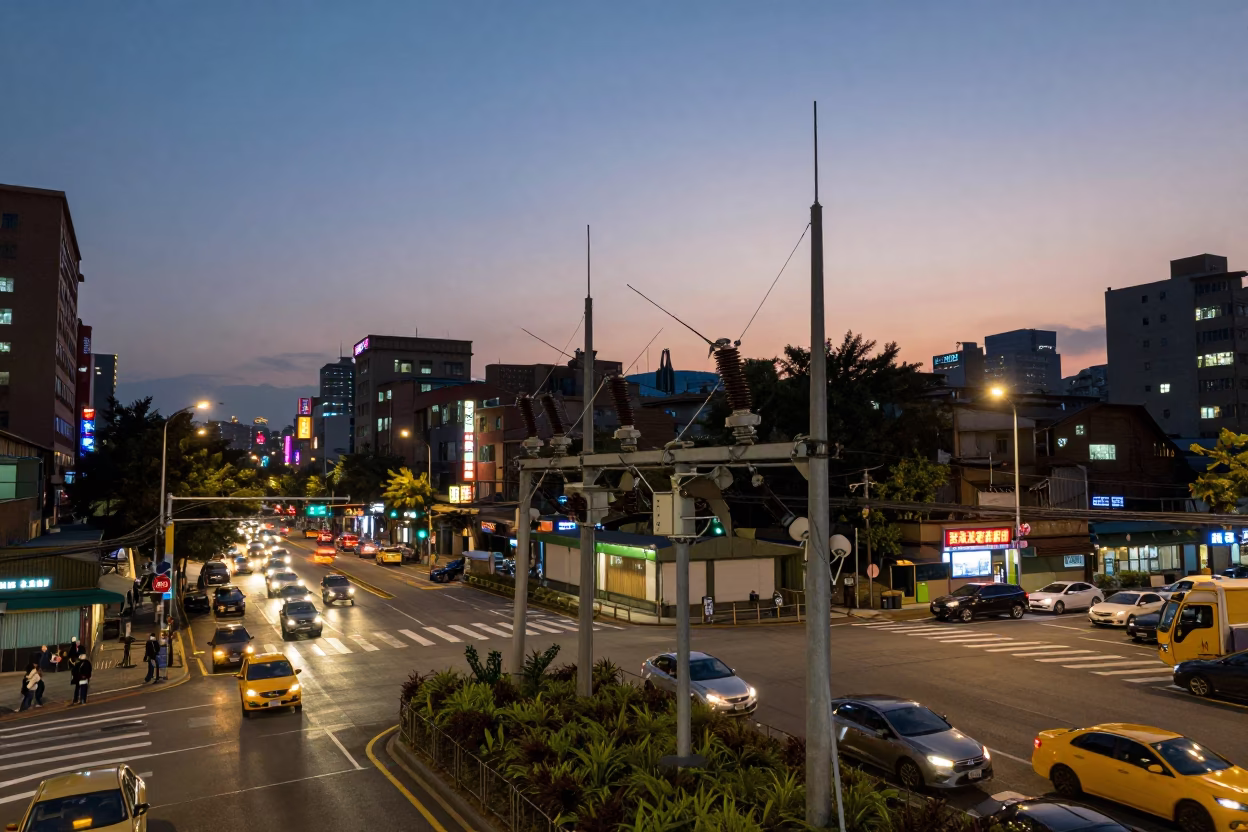 Busy Taipei Street Scene at Dusk with Substation Insulators and Urban Infrastructure in in Taipei, Taiwan