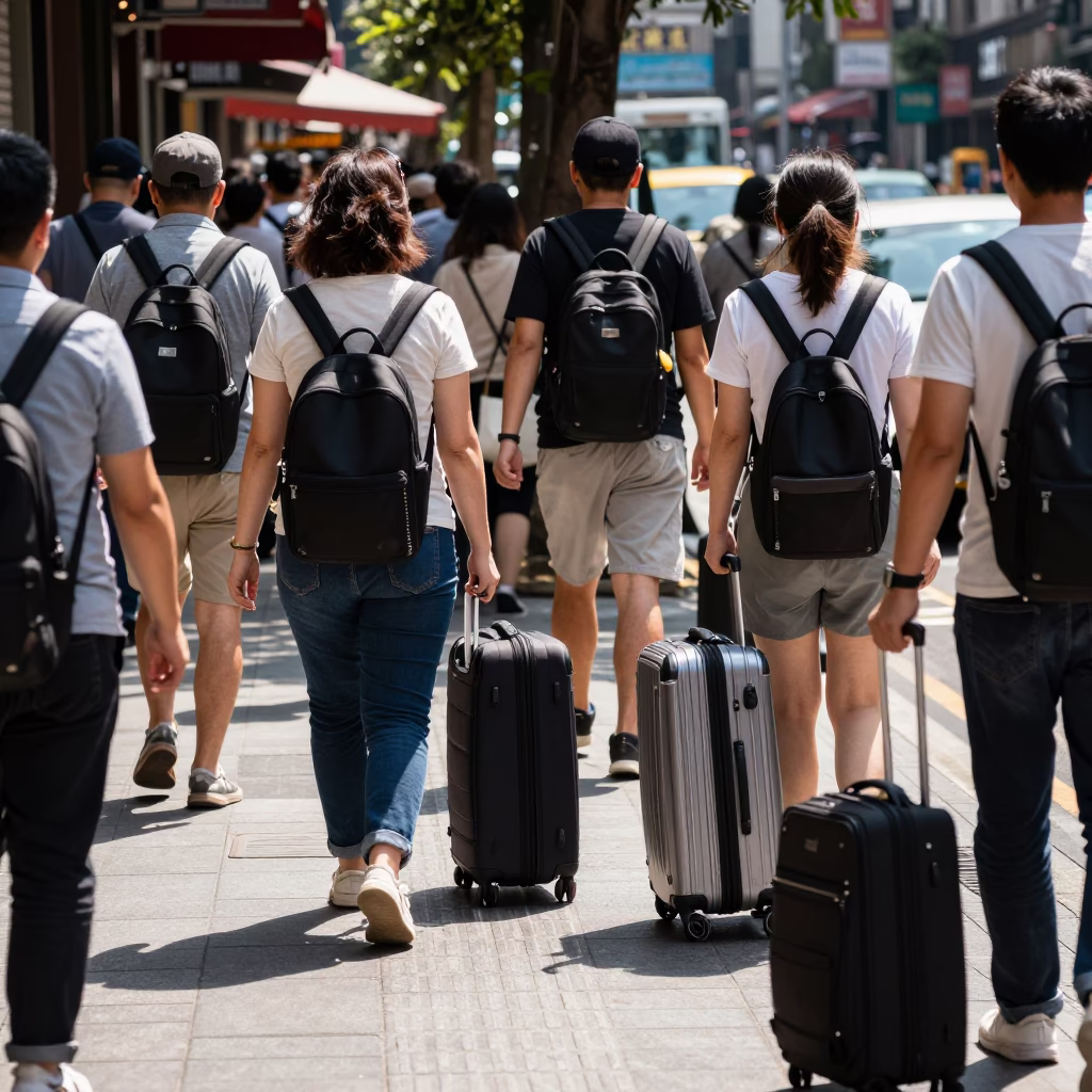 Busy Taipei Street Scene at Midday with Suitcases and Urban Architecture in in Taipei, Taiwan