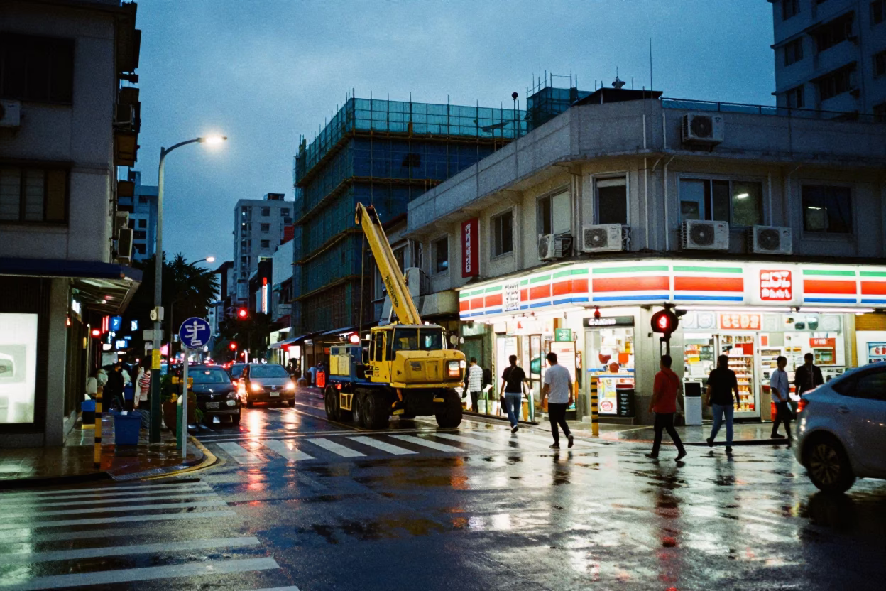 Busy Taipei Street Scene at Nautical Dawn with Construction Elevator Gate and Rebar Bundles in in Taipei, Taiwan