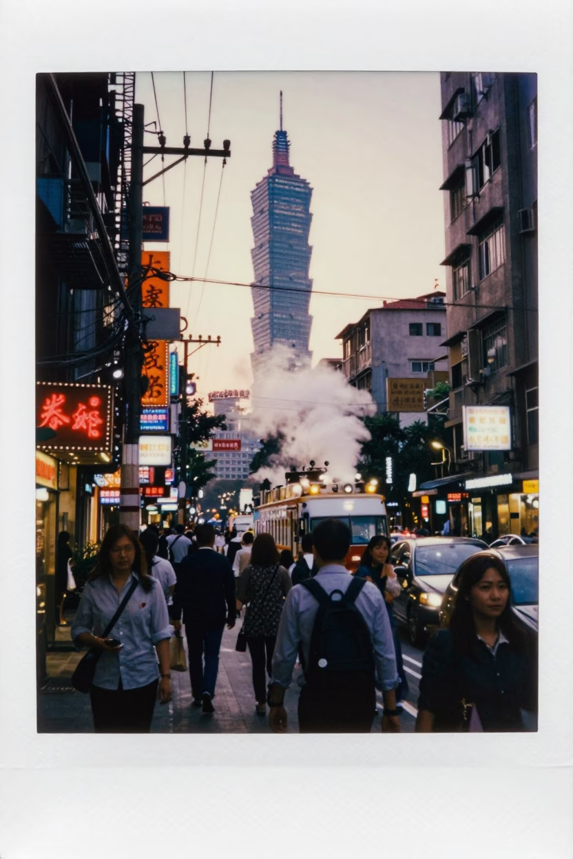 Busy Taipei Street Scene at Nautical Dawn with Steam Rising from Noodle Shop in in Taipei, Taiwan