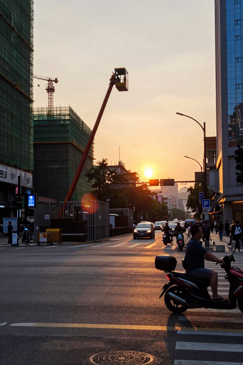 Busy Taipei Street Scene at Sunset with Construction Elevator and Funicular Hill Climb in in Taipei, Taiwan