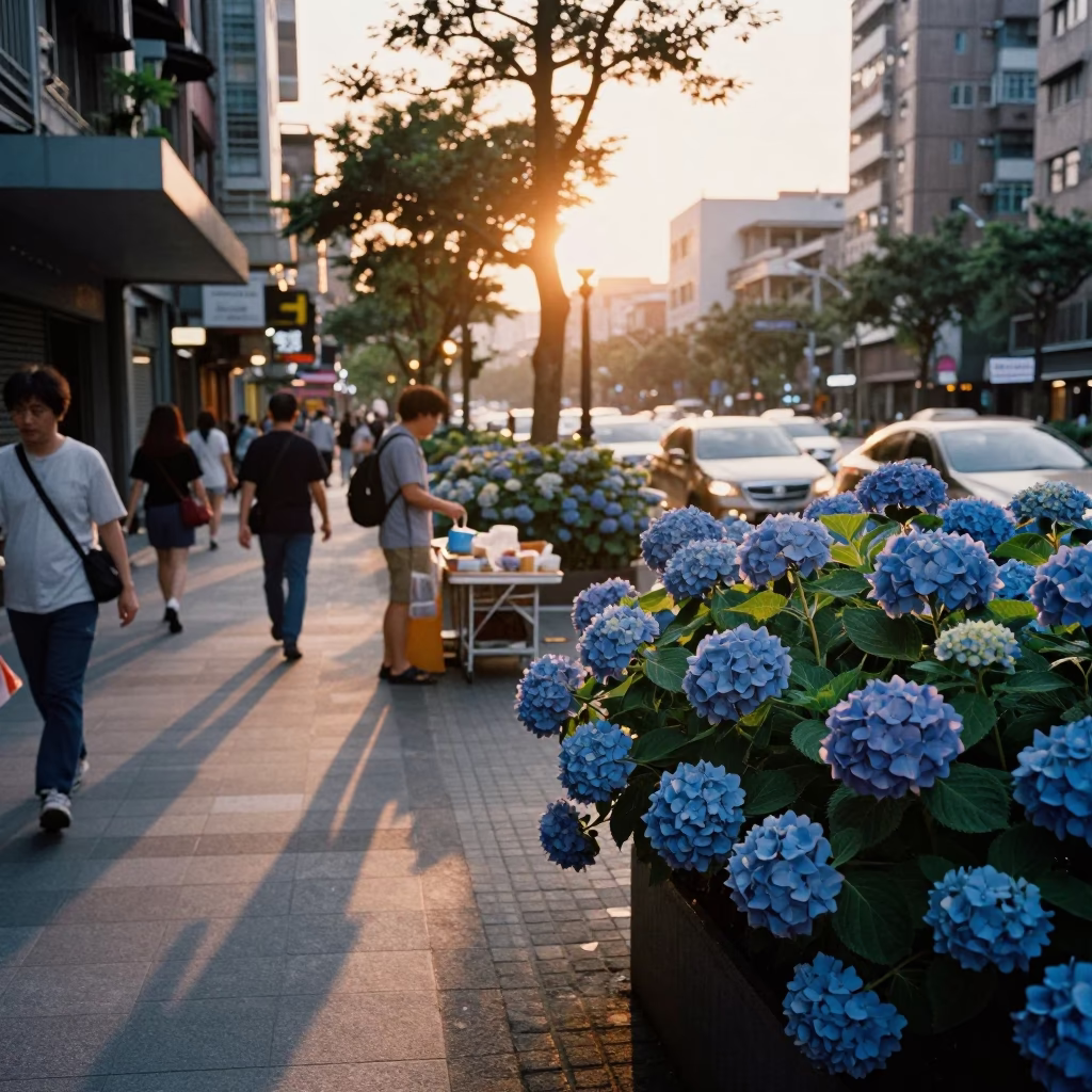 Busy Taipei Street Scene at Sunset with Hydrangeas and Urban Life in in Taipei, Taiwan