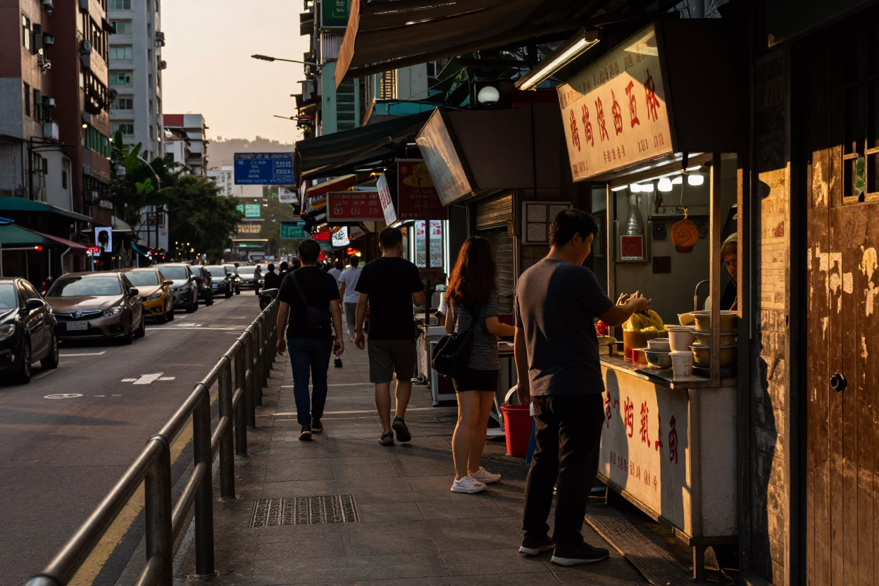 Busy Taipei Street Scene at Sunset with Peg Rail and Window Box Details in in Taipei, Taiwan