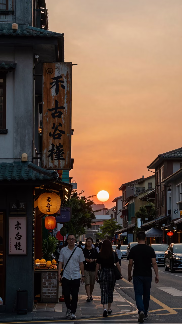 Busy Taipei Street Scene at Sunset with Traditional Teahouse Signage and Pedestrians in in Taipei, Taiwan