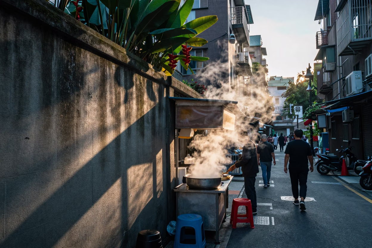Busy Taipei Street Scene Before Sunrise with Heliconia and Urban Details in in Taipei, Taiwan