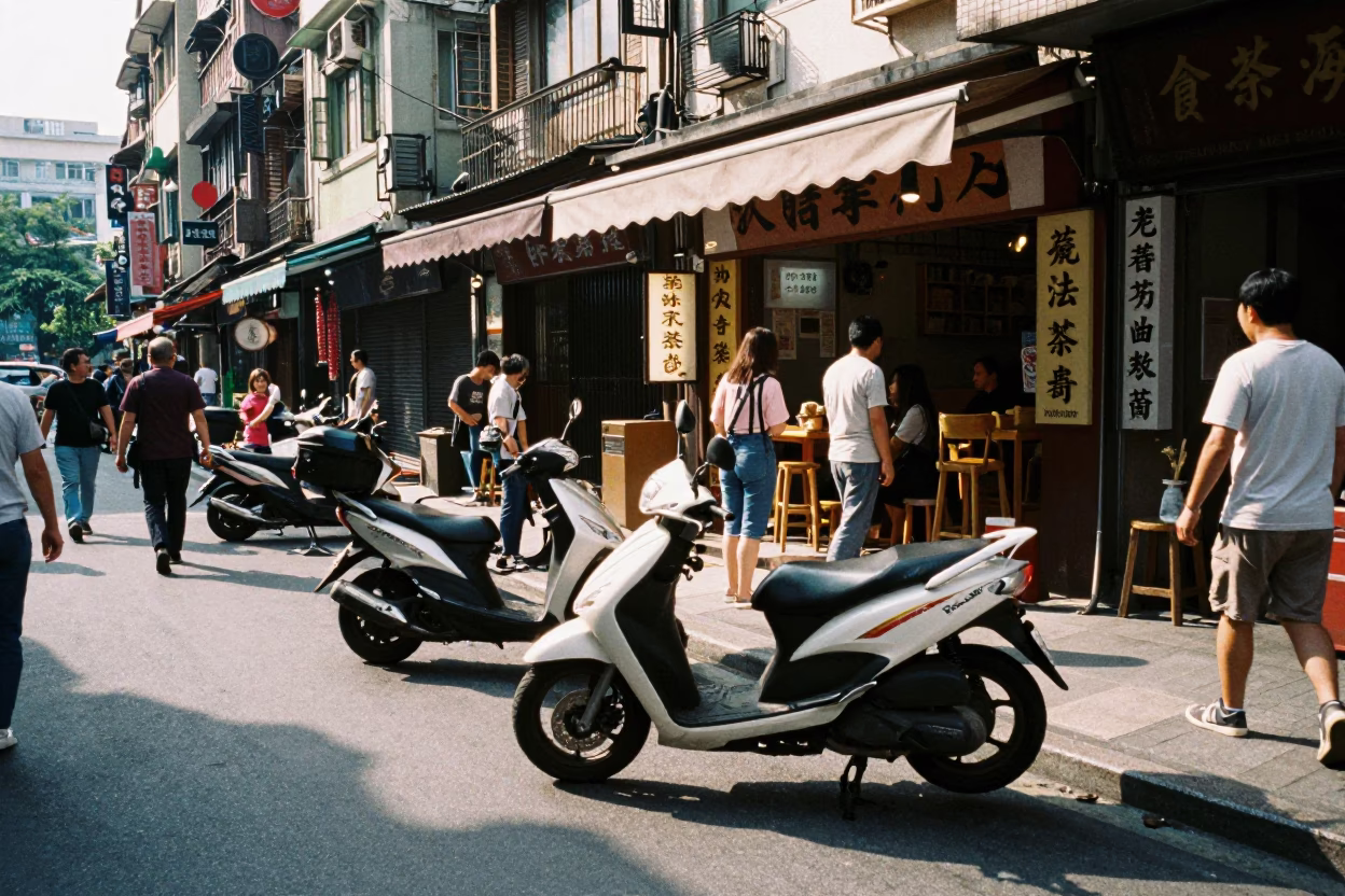 Busy Taipei Street Scene Early Afternoon with Scooter and Local Market Activity in in Taipei, Taiwan