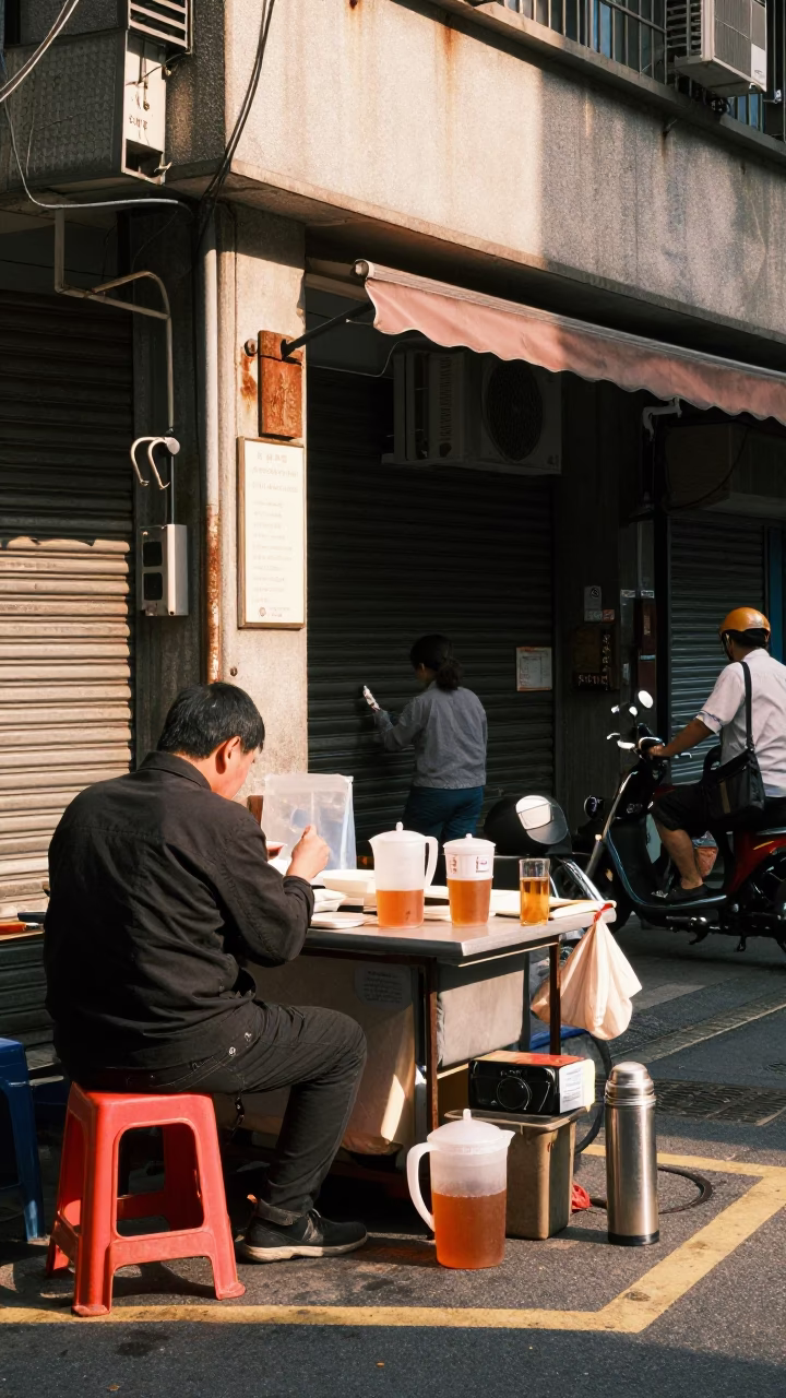 Busy Taipei Street Scene Early Afternoon with Sunlight and Local Details in in Taipei, Taiwan