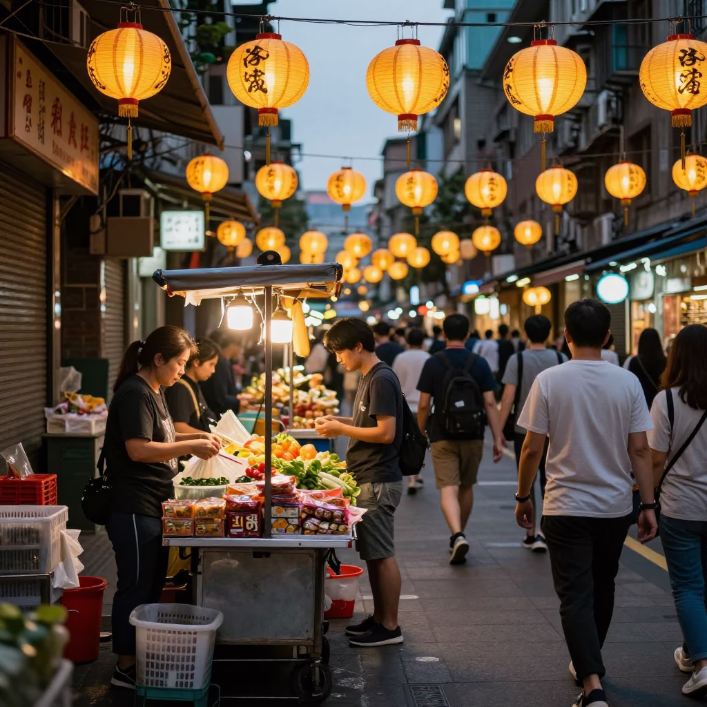 Busy Taipei Street Scene Early Evening with Lanterns and Local Vendors in in Taipei, Taiwan