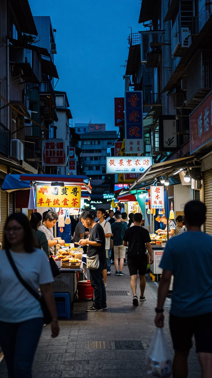 Busy Taipei Street Scene Evening Blue Hour with Vendors and Pedestrians in in Taipei, Taiwan
