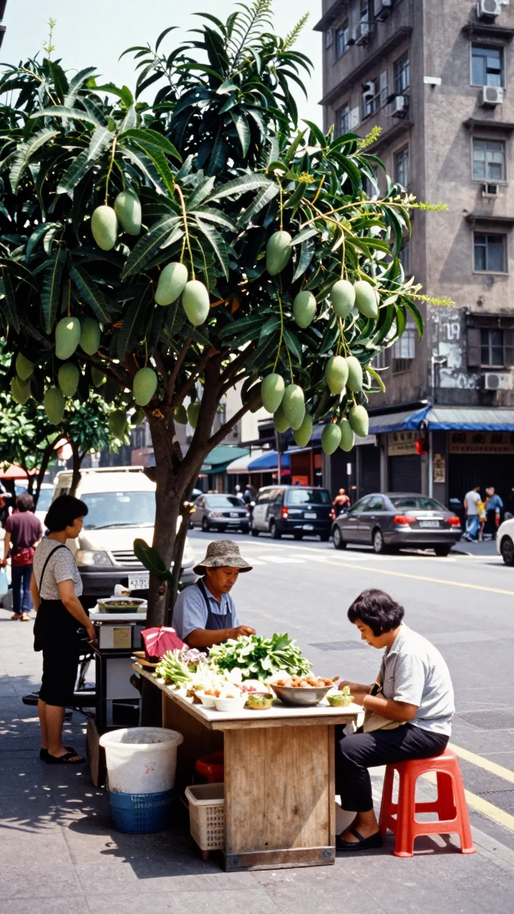 Busy Taipei Street Scene in Bright Midmorning Light with Mango Tree and Wicker Basket in in Taipei, Taiwan