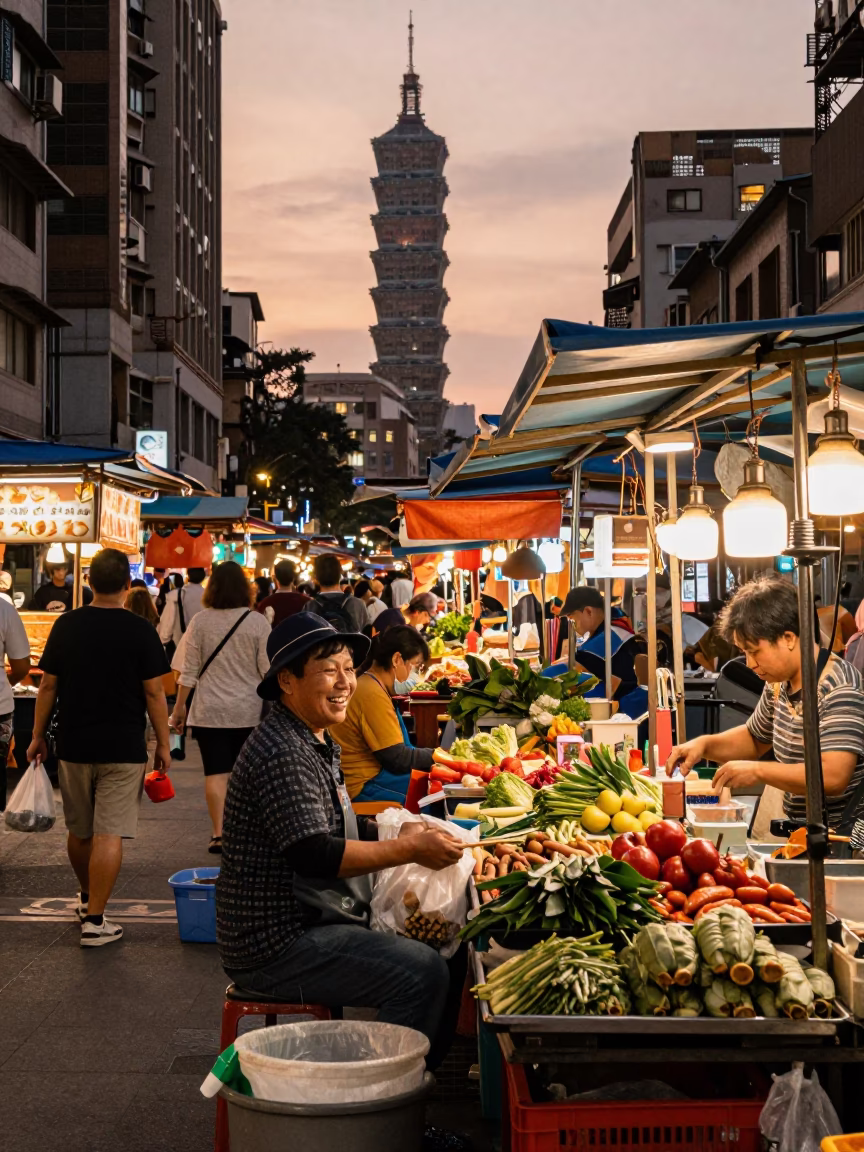 Busy Taipei Street Scene in Copper Toned Light Before Dusk with Local Market Details in in Taipei, Taiwan