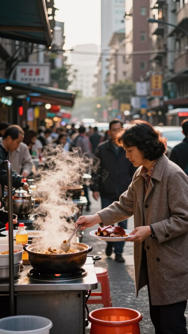 Busy Taipei Street Scene in Early Morning Light with Traditional Elements in in Taipei, Taiwan