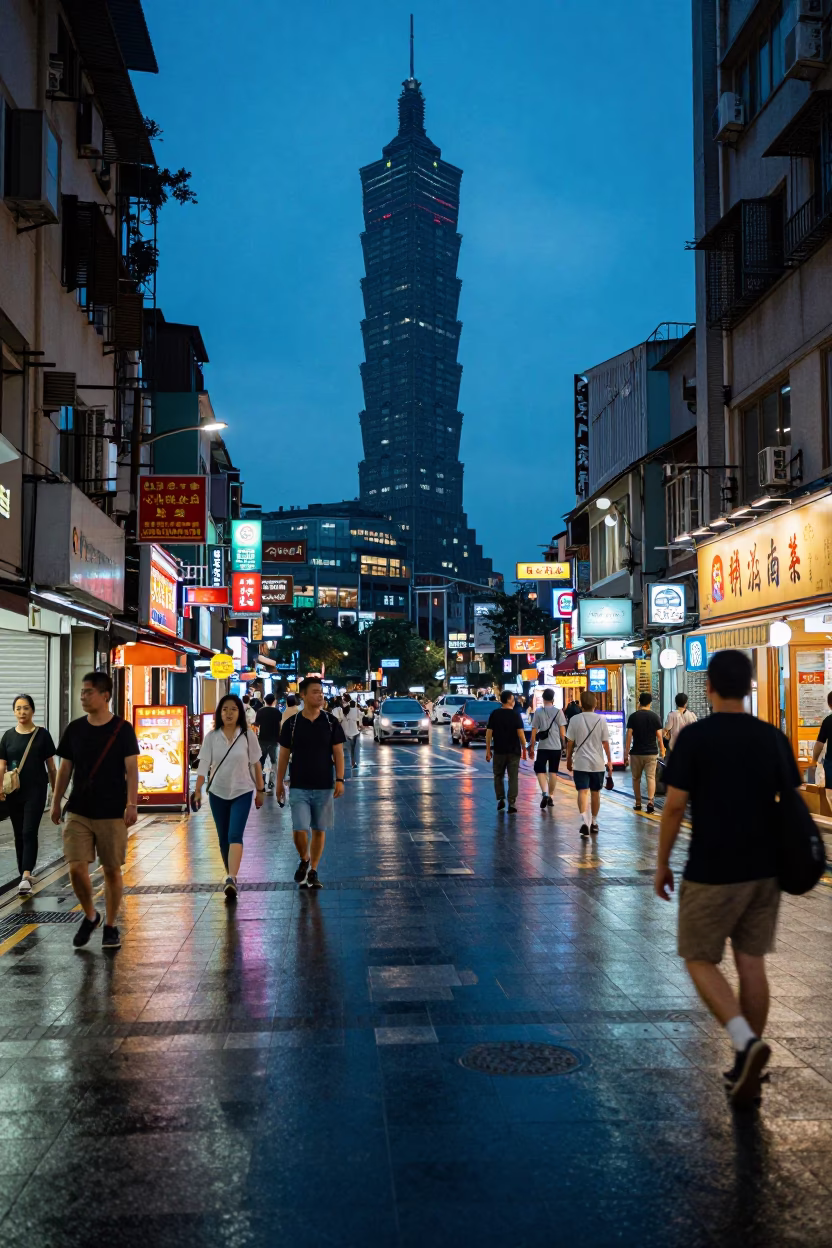 Busy Taipei Street Scene in Evening Blue Hour with Food Vendors and Neon Signs in in Taipei, Taiwan